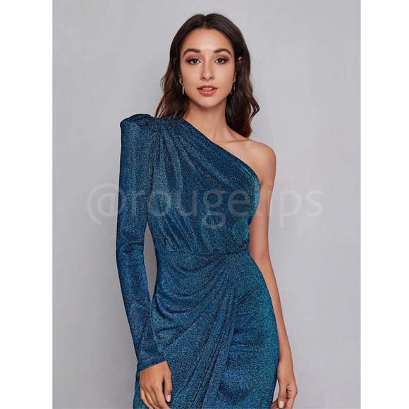 Teal Blue Lurex Sparkly Asymmetrical Draped Midi Dress - Picture 5 of 8